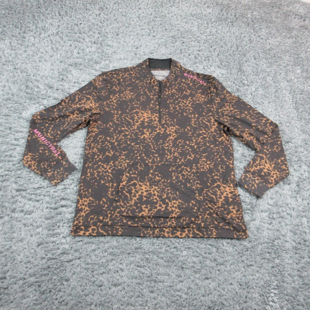 Municipal Pullover Mens L Brown REC SPORT QUARTER ZIP Mesh Animal Print NWOT
